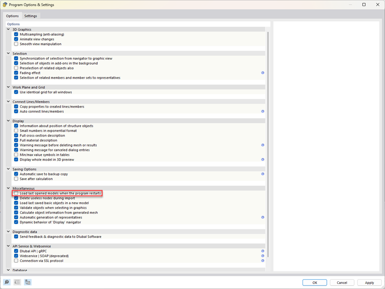 Dialog pro možnosti programu a nastavení