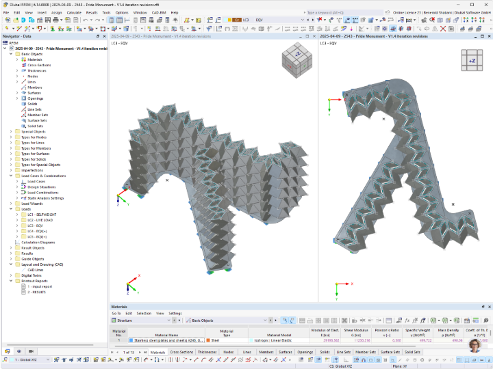 Model RFEM pro analýzu ocelového monumentu s podrobným zobrazením konstrukce