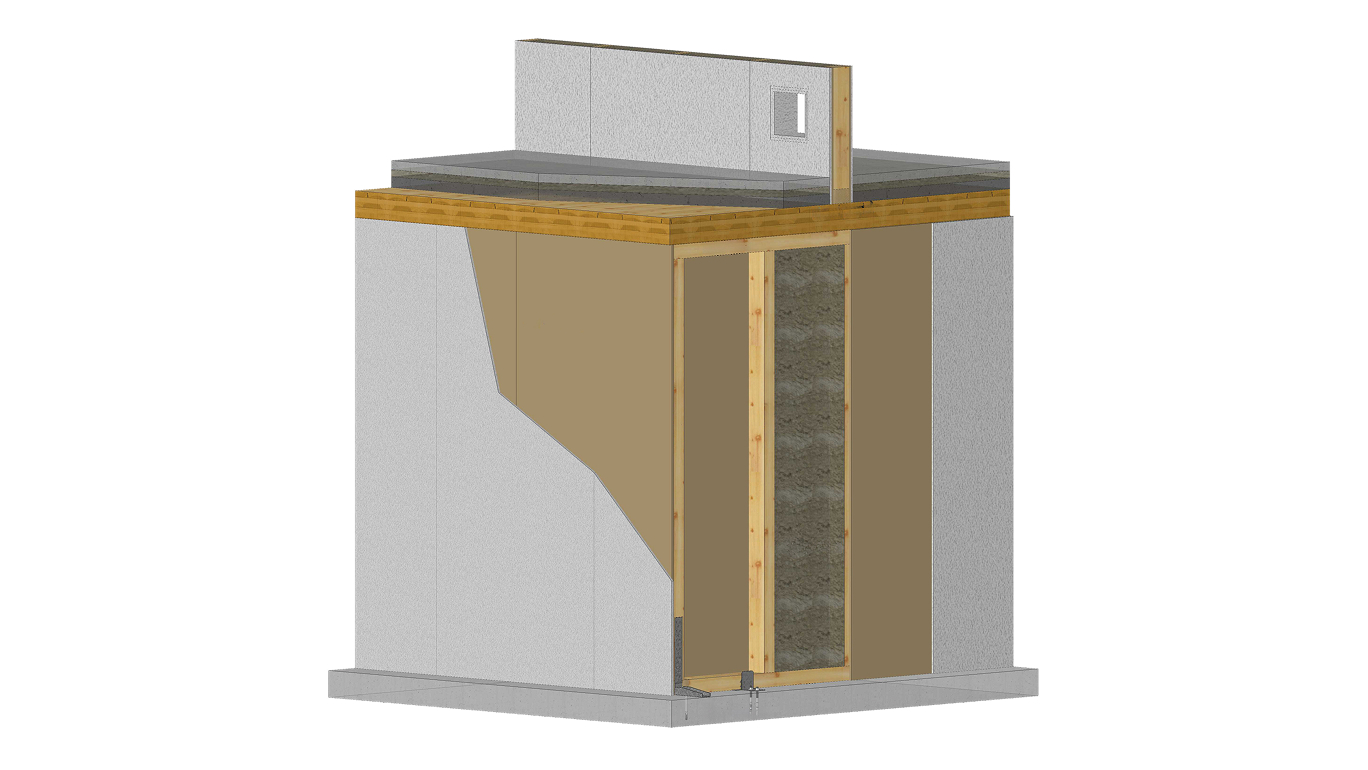 3D model zobrazující komponenty vícevrstvých dřevěných smykových stěn pro vícepodlažní budovu v rámci projektu HELEPOLIS z RWTH Aachen University.