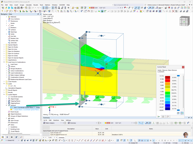 Zobrazení pomocného objektu Řezy pro statickou analýzu v programu RFEM a RSTAB
