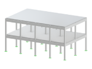 Betonová budova s obdélníkovým půdorysem, s variabilním počtem polí a podlaží, přizpůsobitelná v obou směrech X a Y.