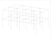 Detailní 3D mřížka představující víceúrovňovou obdélníkovou konstrukci s proměnnými poli a podlažími.