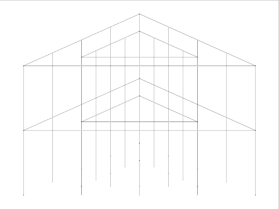 3D mřížka představující polygonální konstrukční model s různými mnohoúhelníky a podlažími pro všestrannou stavební analýzu.