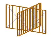 Konstrukční detail prefabrikované dřevěné stěny zobrazující křížové spojení ve stavebním projektu.