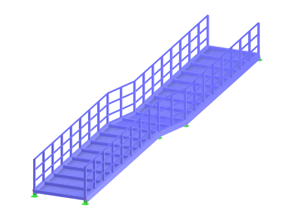 Podrobný pohled na konstrukci ocelové rampy s podestou uprostřed, ukazující její posouzení a stavbu.