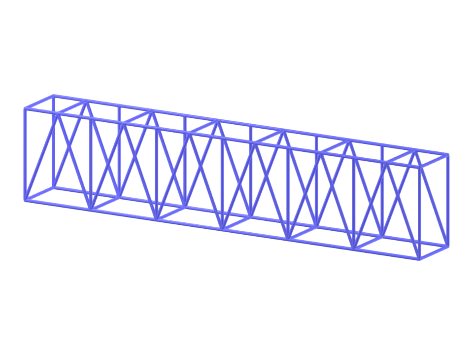 Detailní pohled na obdélníkovou příhradovou konstrukci ve 3D s vyznačením styčníků a analýzou rozložení zatížení.