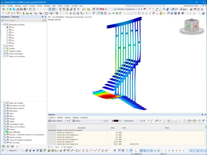 Model schodiště B v RFEM se zatěžovacím stavem a deformacemi