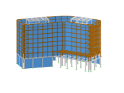 3D konstrukční model 7podlažní budovy v hybridní konstrukci s monolitickými železobetonovými sloupy, ocelobetonovými stropy a ztužujícími stěnovými deskami v přízemí