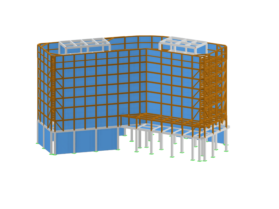 3D konstrukční model 7podlažní budovy v hybridní konstrukci s monolitickými železobetonovými sloupy, ocelobetonovými stropy a ztužujícími stěnovými deskami v přízemí