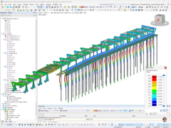 Model programu RFEM ocelové jeřábové dráhy s barevně zobrazenými globálními deformacemi