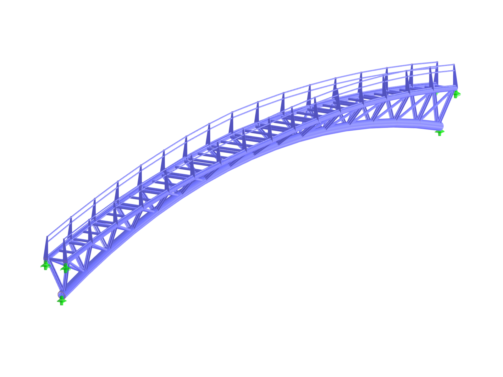 3D RFEM model zakřivené ocelové lávky pro pěší v Itálii s příhradovými nosníky a zábradlím