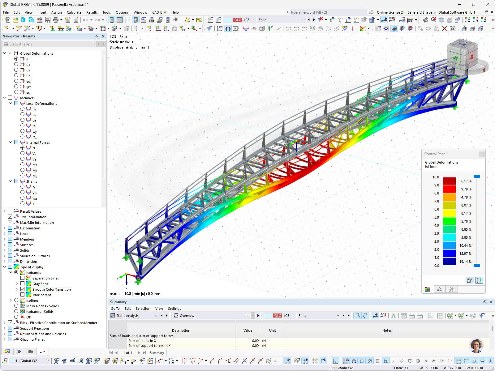 RFEM zobrazení výsledků deformací zakřivené ocelové lávky pro pěší pod užitným zatížením