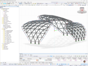 3D-RFEM model ocelové střechy „The Monarch San Antonio“ v Texasu s prostorovým prutovým nosným systémem a obloukovou konstrukcí.