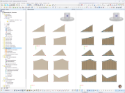Nosníkový panel v programu RFEM s geometriemi trojúhelníku, lichoběžníku a pětiúhelníku jako plocha s automatickým rozkladem na pruty pro výpočet metodou konečných prvků.