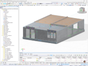 3D model budovy jídelny základní školy Otzenrath ve smíšené konstrukci se dřevěnými stropy a betonovými stěnami, vytvořený v RFEM s Navigátorem, zatěžovacími stavy a výpisem materiálu.