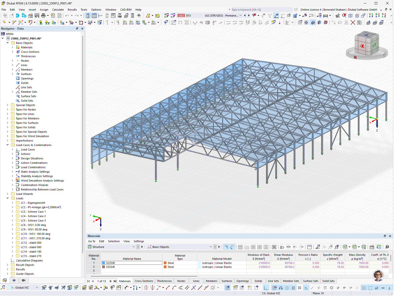3D model ocelové haly s příhradovou střechou a sloupy v RFEM, včetně zatěžovacích stavů pro vítr, sníh a fotovoltaický systém