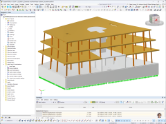 Model programu RFEM obytného a obchodního domu Uetikon am See s dřevěnými sloupy, tuhými diafragmami a suterénními stěnami