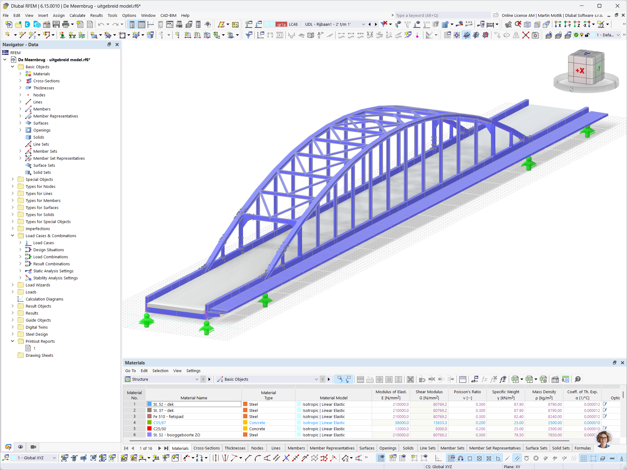 Model programu RFEM ocelového obloukového mostu s oblouky, závěsy, svařovanými hlavními nosníky a betonovou mostovkou