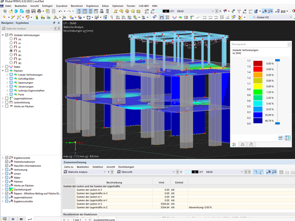 Statikmodell in RFEM mit Berechnungsergebnissen