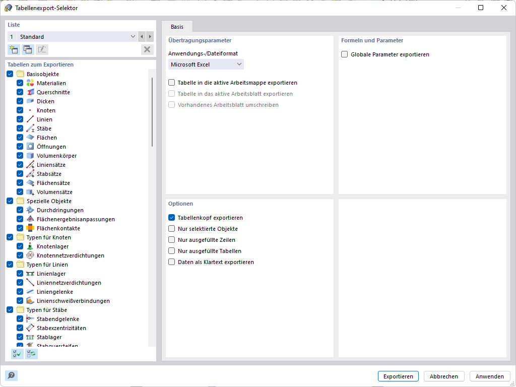 Exportvorgaben für MS Excel