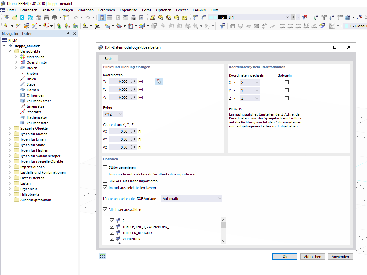 Detaileinstellungen für den DXF-Import