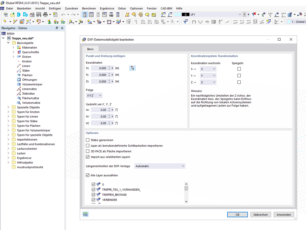 Detaileinstellungen für den DXF-Import