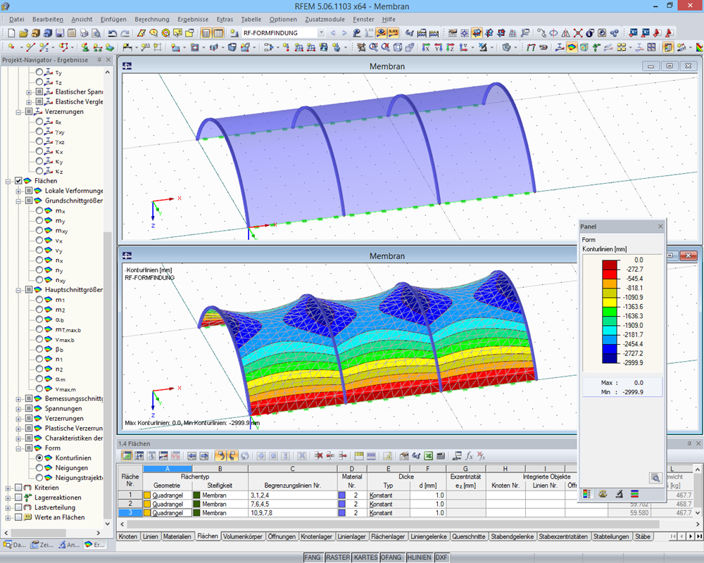 Membranstruktur vor und nach Formfindung in RFEM
