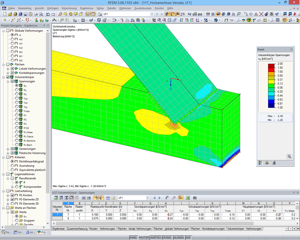Holzanschluss Versatz - Volumenkörperspannungen