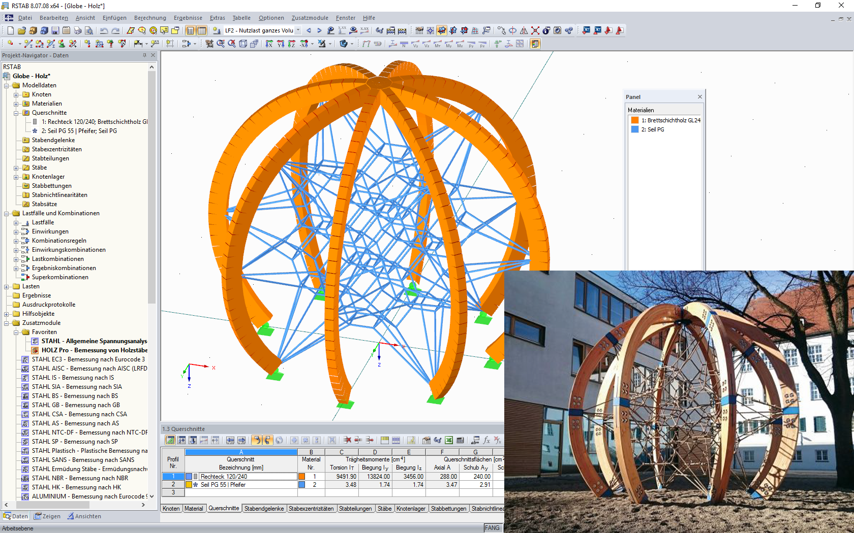 3D-Modell und Foto vom Seilspielgerät „Globe“ (© Screenshot: Dipl.-Des. Heinz Bornemann, Bad Bentheim / © Bild: Berliner Seilfabrik)