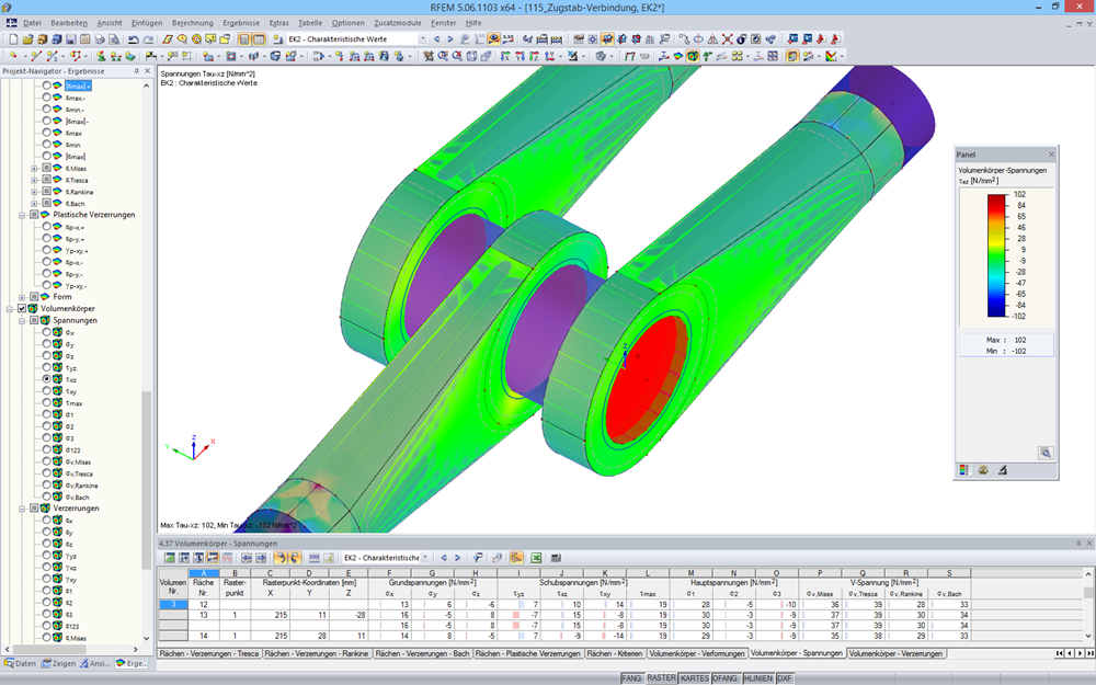 Stahlspannungsanalyse einer Zugstabverbindung in RFEM