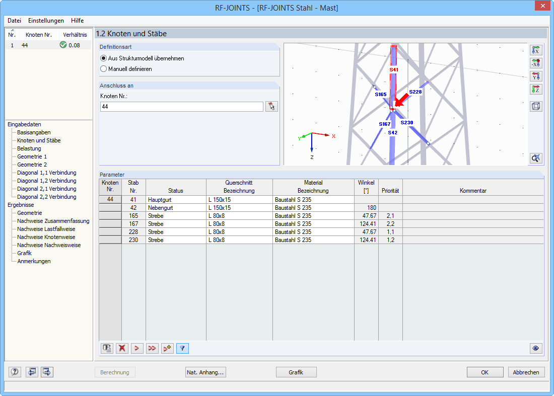 Darstellung der Eingabe von Knoten und Stäben in einer statischen Modellierungssoftware.
