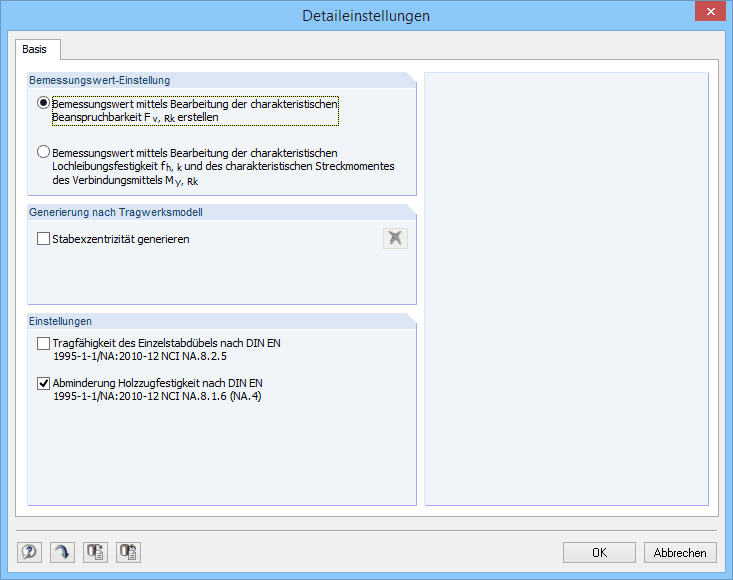 Detaileinstellungen für die Bemessung