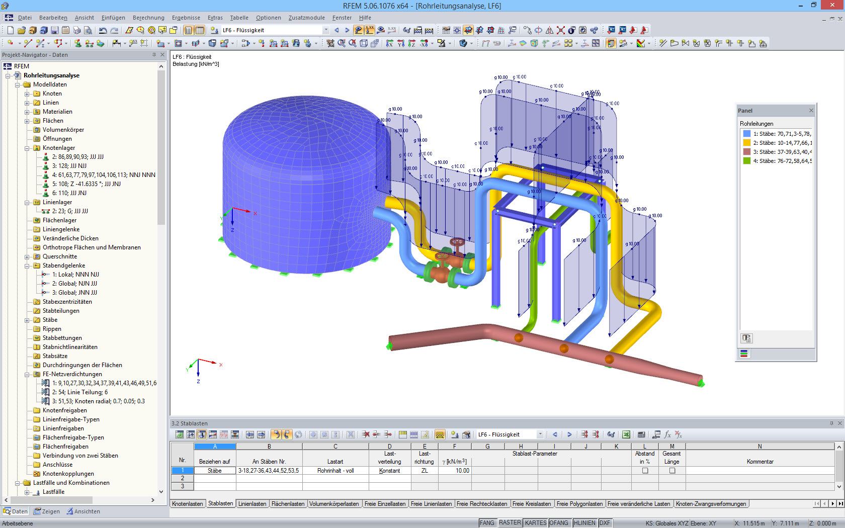 Darstellung der Rohrleitungen mit Lasten in RFEM