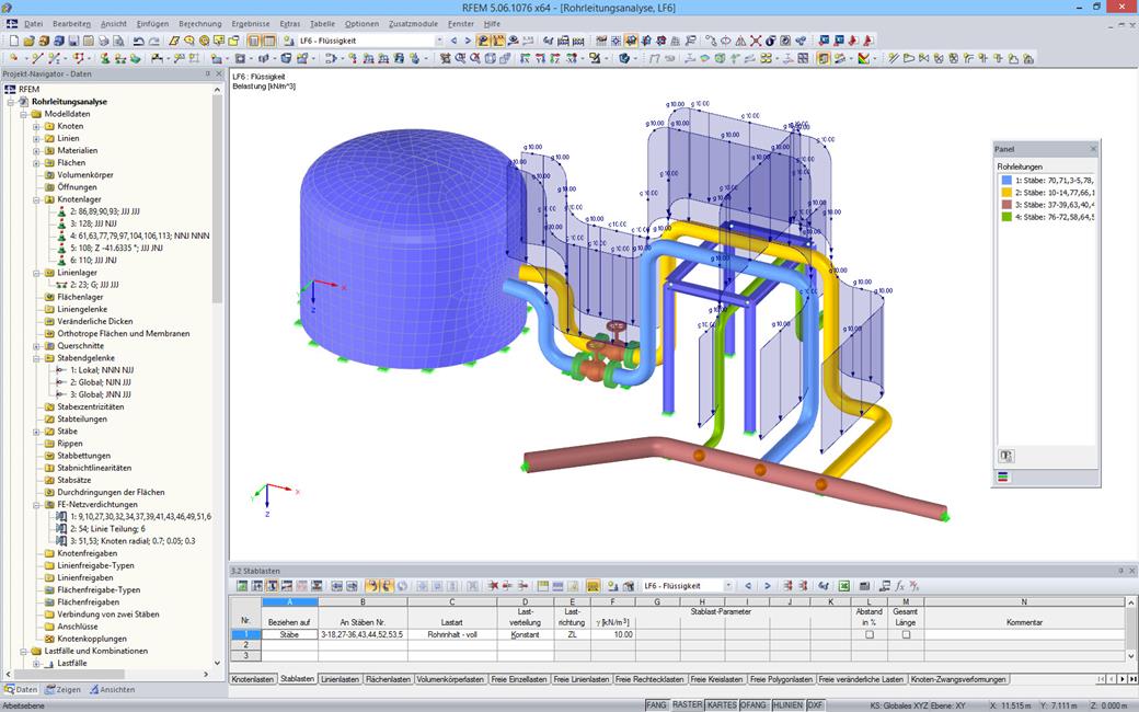 Darstellung der Rohrleitungen mit Lasten in RFEM