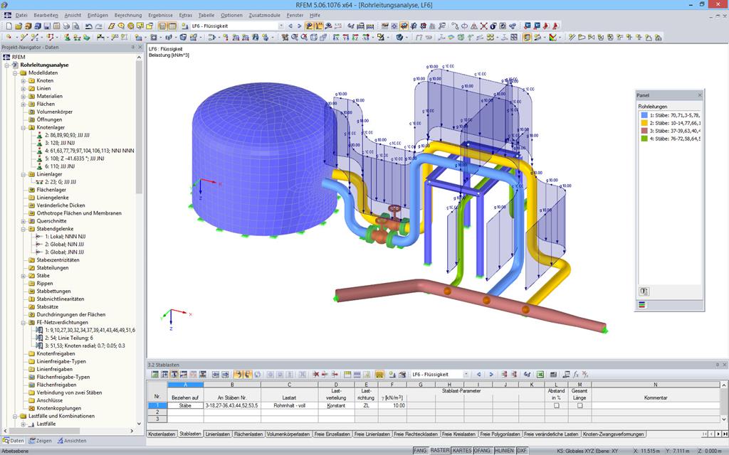 Darstellung der Rohrleitungen mit Lasten in RFEM