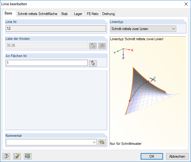 Zerlegung einer Membranfläche mit Hilfe des Linientyps "Schnitt mittels zwei Linien"