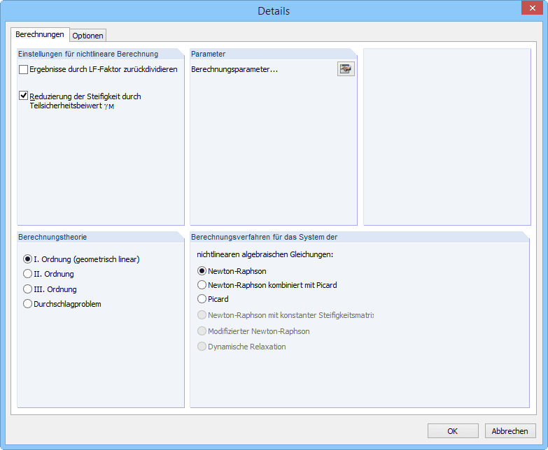 Detaileinstellungen für die Berechnung