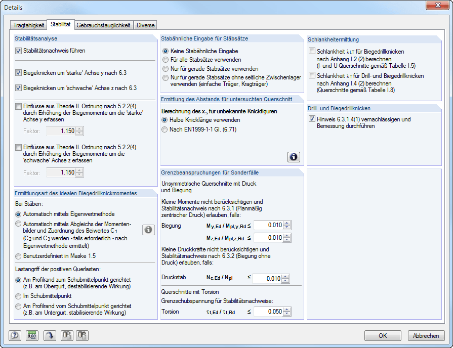 Detaileinstellungen zu Stabilität