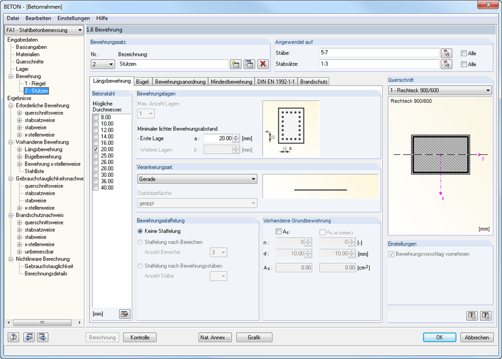 Bewehrungseinstellungen für Stützen
