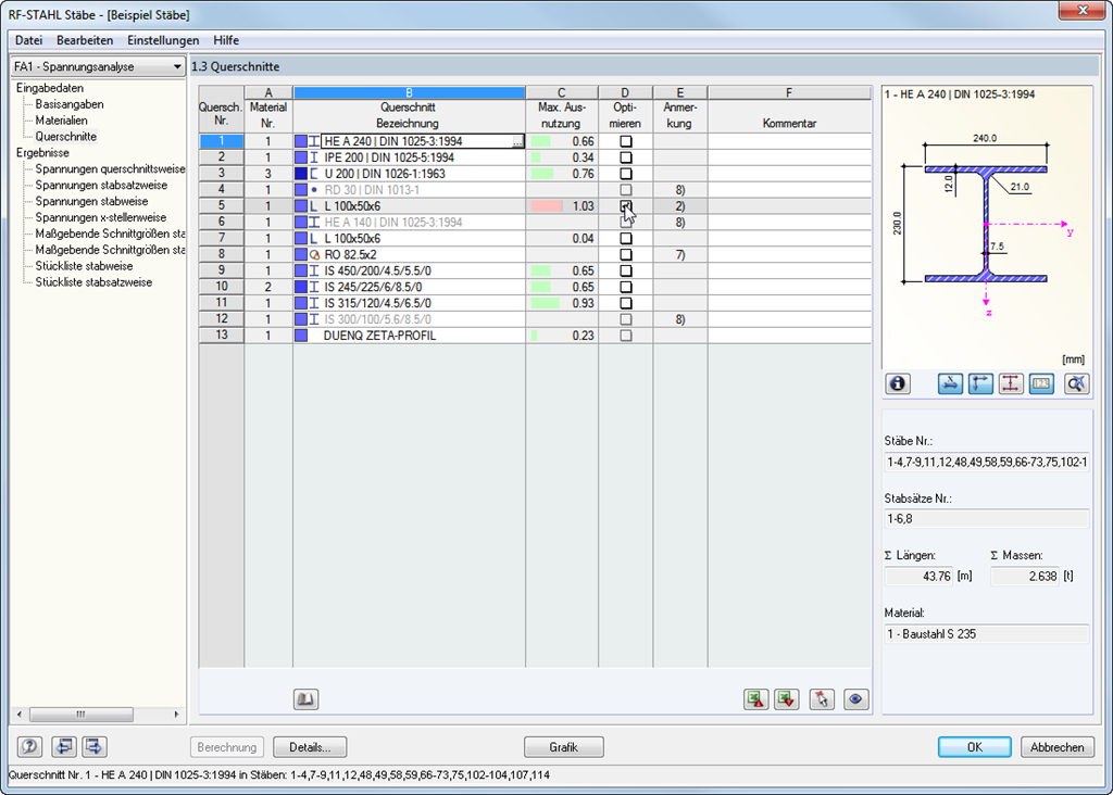 Optimierungsmöglichkeit von Querschnitten