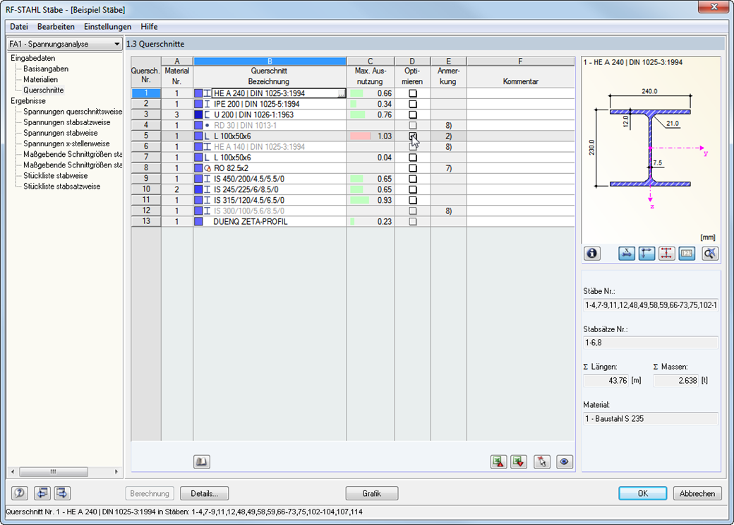 Optimierungsmöglichkeit von Querschnitten