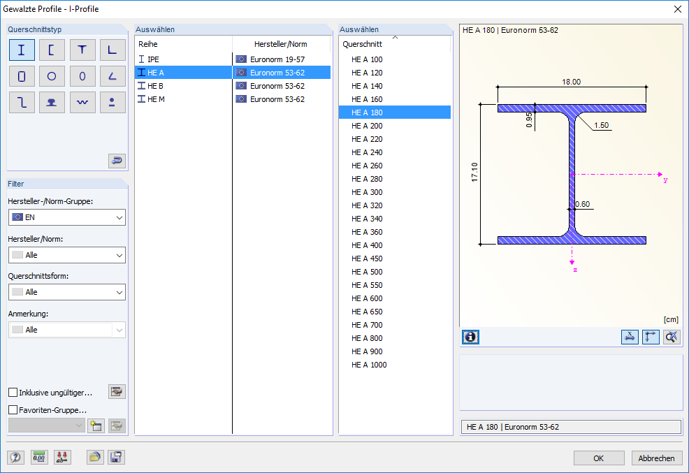 Querschnitt zur Bemessung auswählen