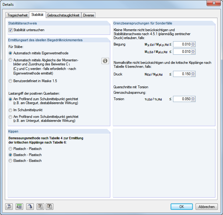 Detaileinstellungen Stabilität