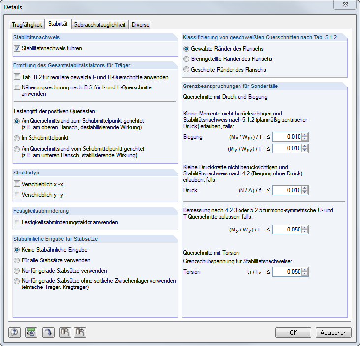 Detaileinstellungen zur Bemessung