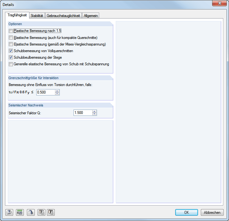 Detaileinstellungen Tragfähigkeit