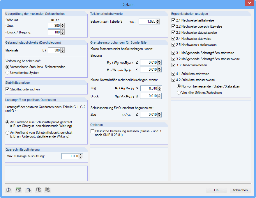 Detaileinstellungen zur Bemessung