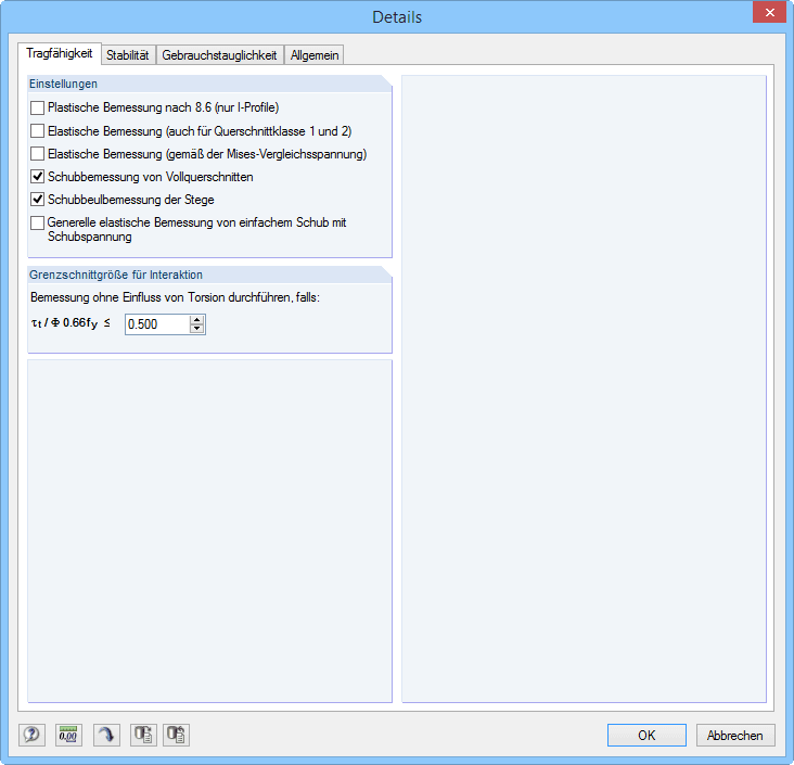 Detaileinstellungen Tragfähigkeit