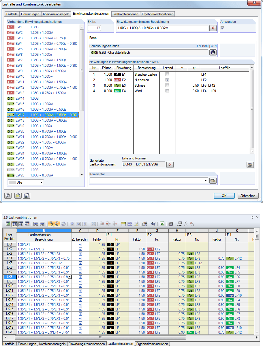 Kombinatorik-Dialog und Tabelle 2.5 Lastkombinationen