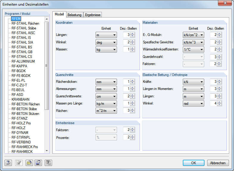 Anpassen der Einheiten und Dezimalstellen