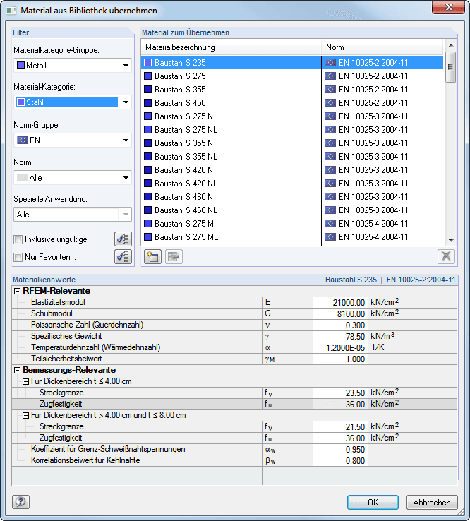 Materialbibliothek mit berechnungs- und bemessungsrelevanten Kennwerten